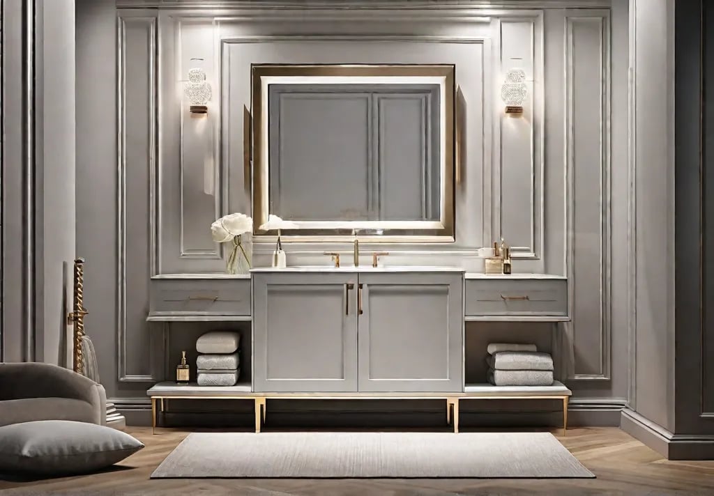 A compact stylish vanity set featuring a built in storage compartment beneath the sink