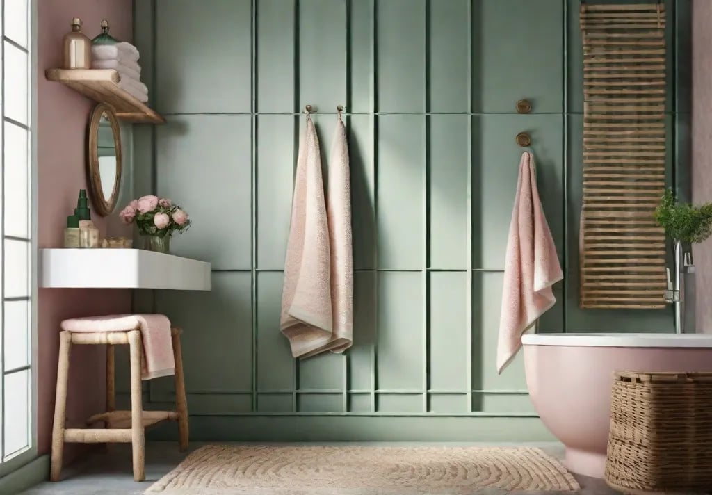 A cozy bathroom nook featuring a jute wrapped ladder shelf leaning against a tile wall