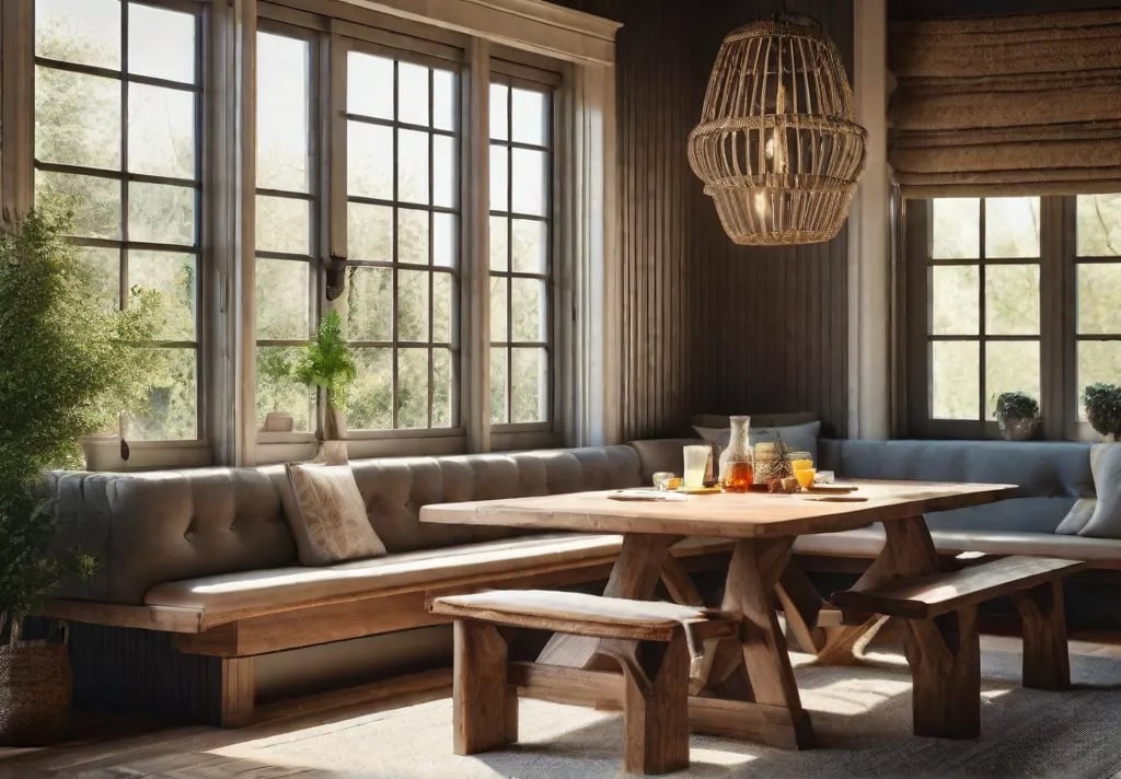 A cozy breakfast nook with built in benches