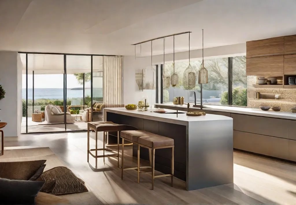 A cozy bright kitchen centered around a semicircular island fostering social interaction