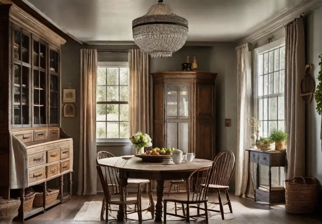 A cozy corner of a farmhouse kitchen featuring a statement vintage armoire filled with glassware and fine china