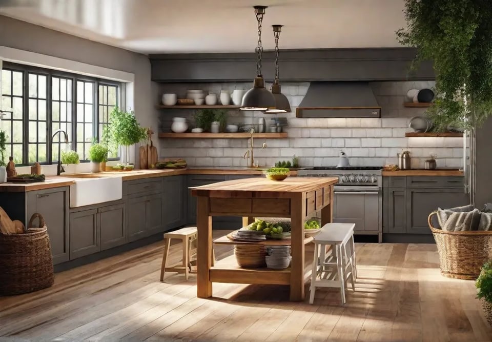 A cozy farmhouse kitchen with Island