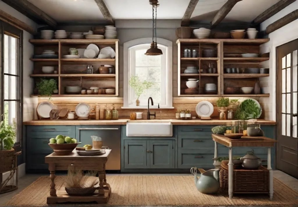 A cozy rustic kitchen featuring reclaimed wood open shelving accented with a