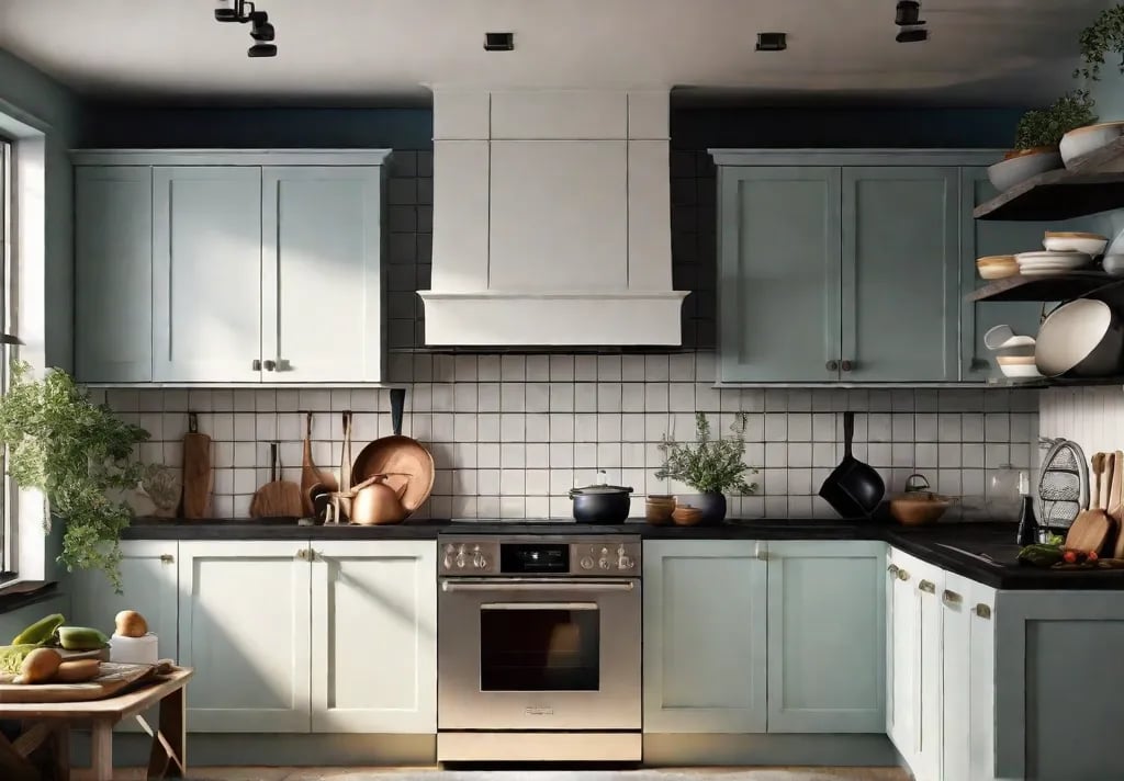 A cozy sunlit kitchen with pots and pans hanging neatly above the