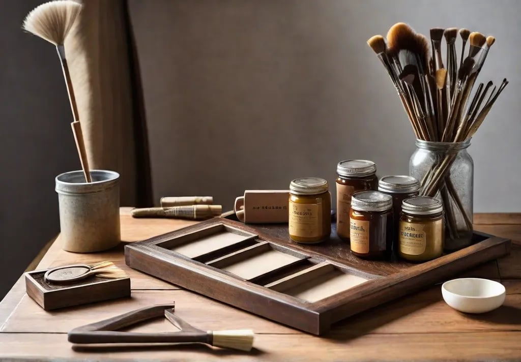 A crafting station setup showing an old cabinet door