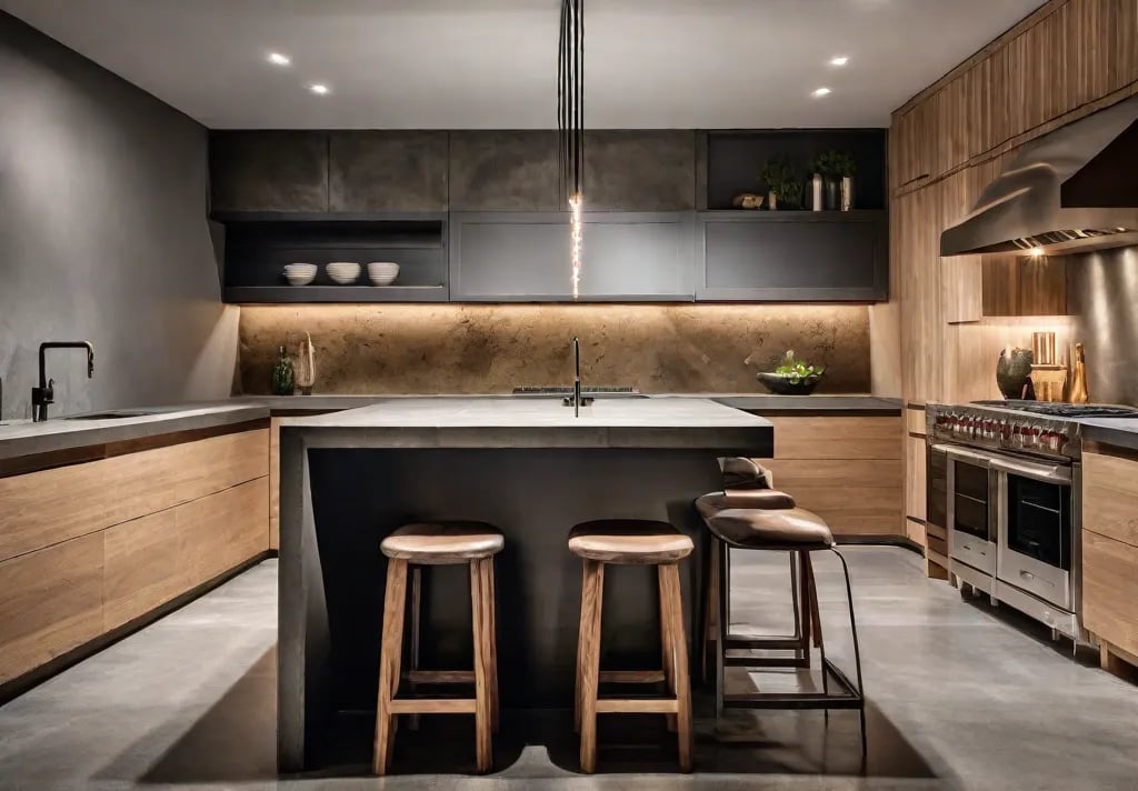A customdesigned kitchen featuring unique textured concrete countertops in a warm neutral