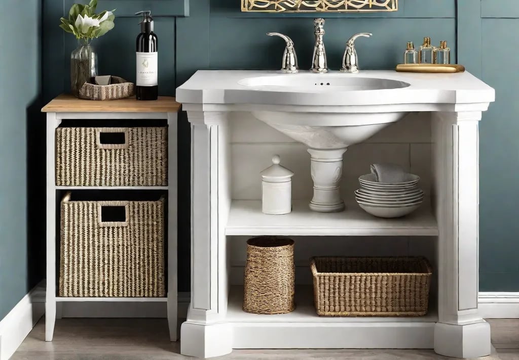 A decorative sink skirt elegantly concealing under sink storage