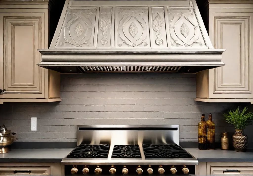 A detailed shot of the intricate design and texture on a rustic range hood