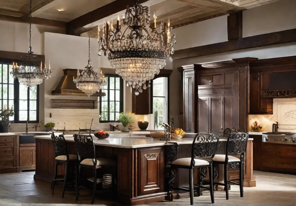 A dramatic scene featuring a pair of large ornate wrought iron chandeliers