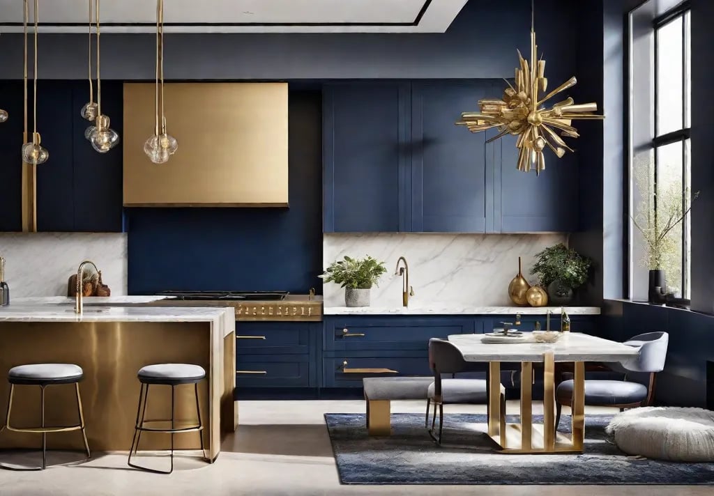 A dynamic kitchen interior dominated by a bold color scheme