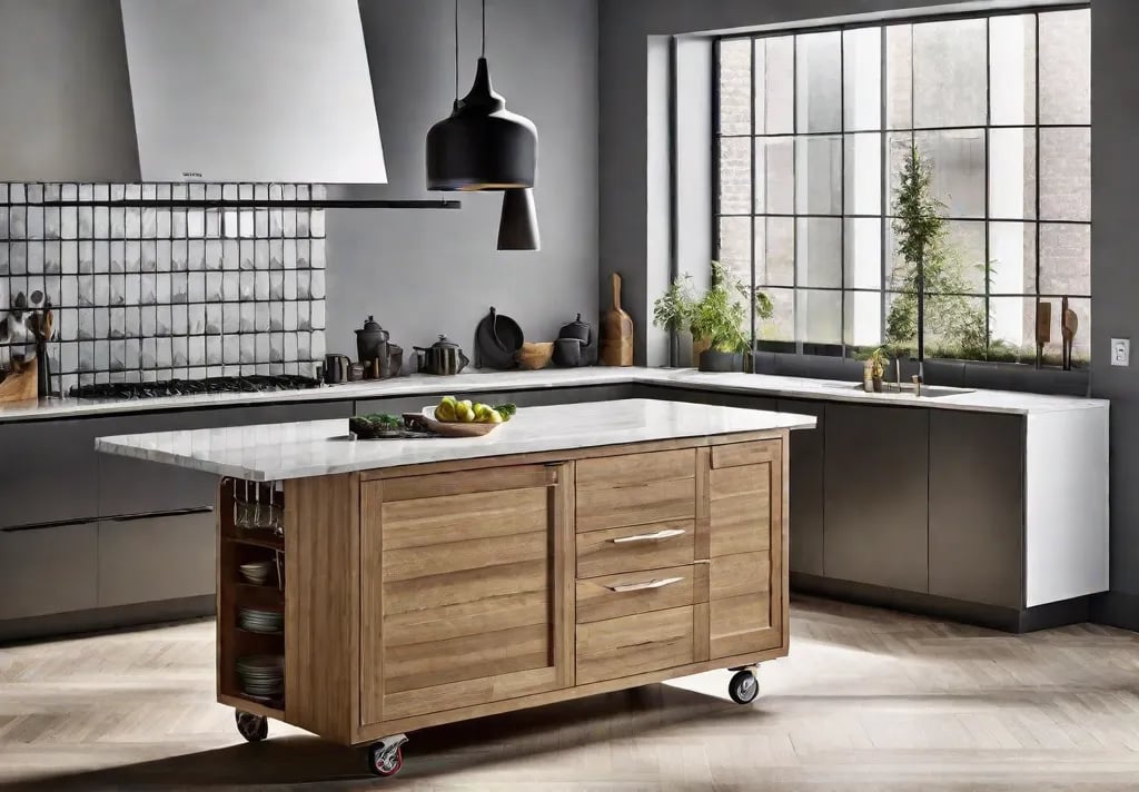 A dynamic shot of a mobile kitchen island being moved across the