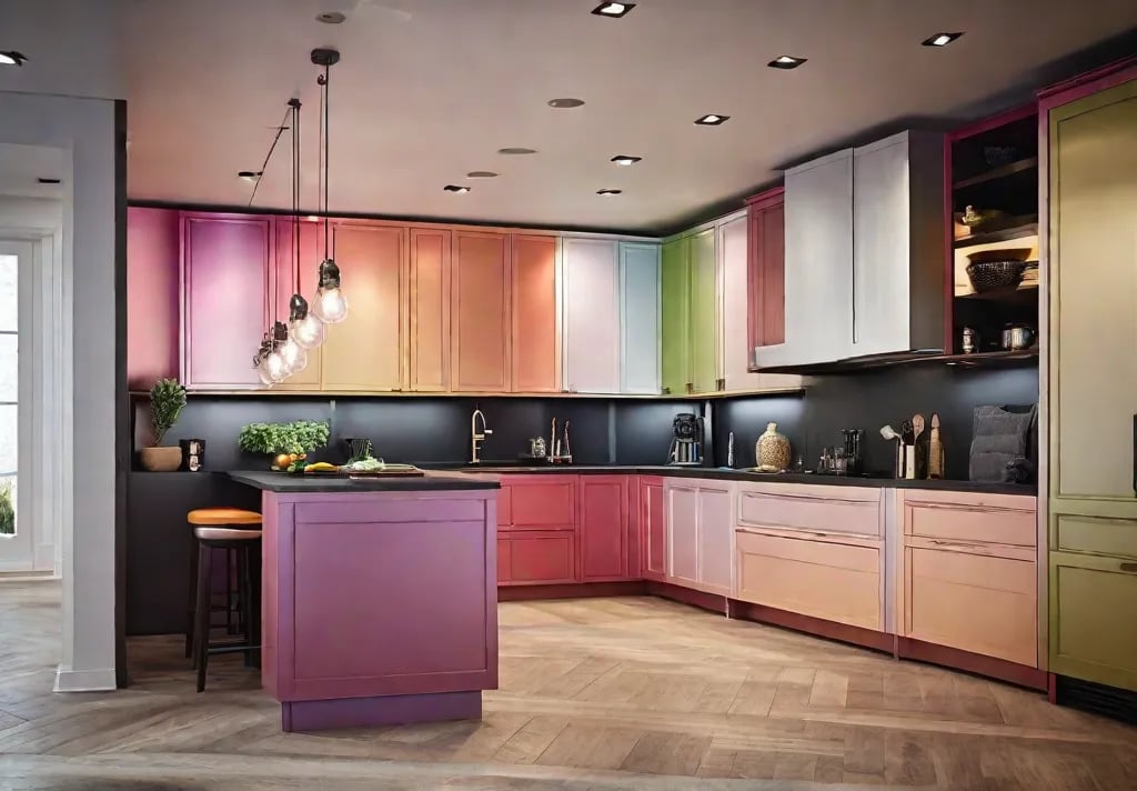 A dynamic track lighting system with multicolored adjustable heads illuminating a spacious