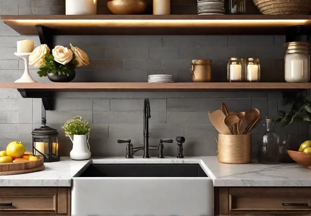 A farmhousestyle kitchen featuring stone backsplashes with shelves holding mason jars converted