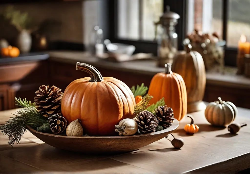 A freshly prepared rustic centerpiece on the kitchen table featuring seasonal produce