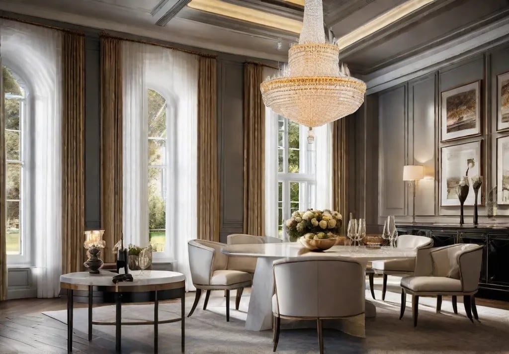 A grand kitchen illuminated by a large beadembellished chandelier its colors sparkling