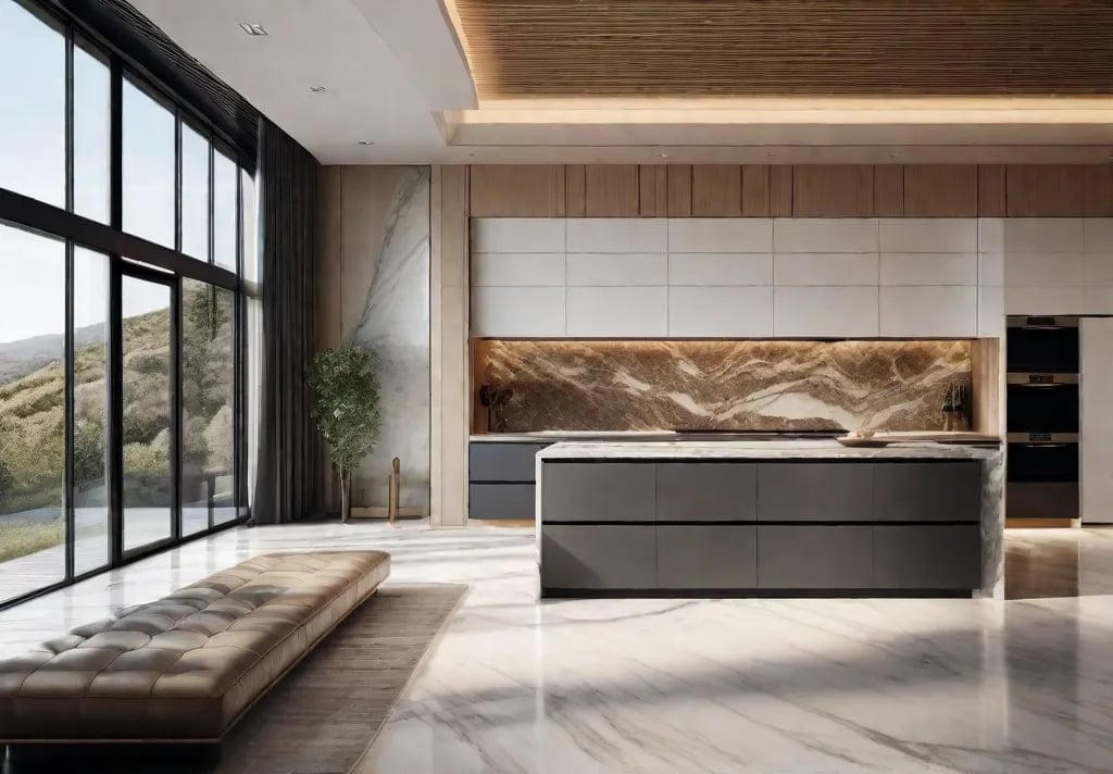 A luxurious modern kitchen with floortoceiling windows showcasing a large seamless marble