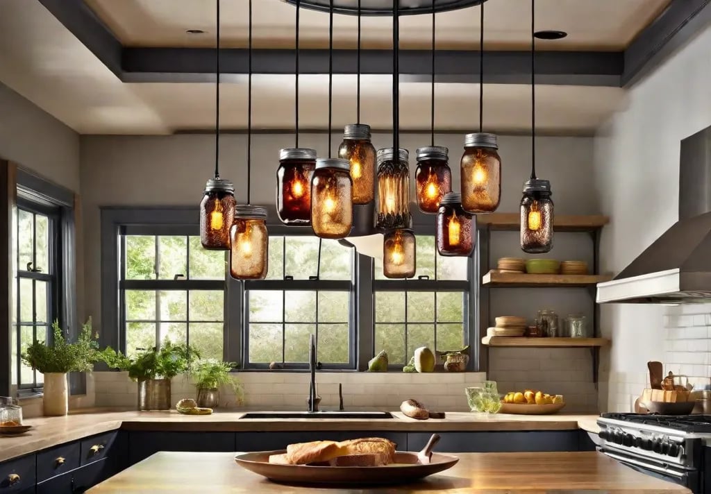 A mason jar chandelier hanging above a kitchen island