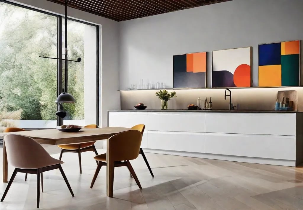 A minimalist kitchen space adorned with a large