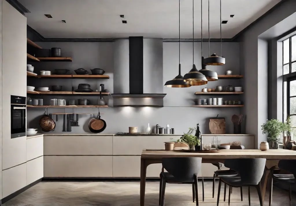 A minimalist kitchen with open shelves arranged meticulously with kitchenware