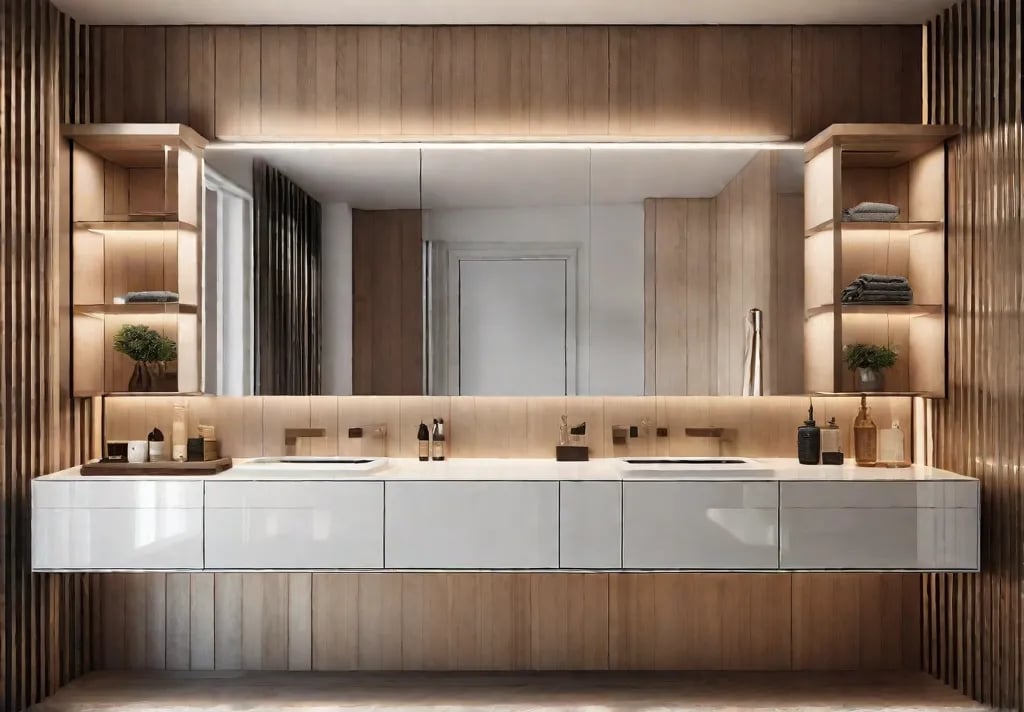 A mirrored cabinet above the sink that opens to reveal hidden shelves stocked with bathroom essentials
