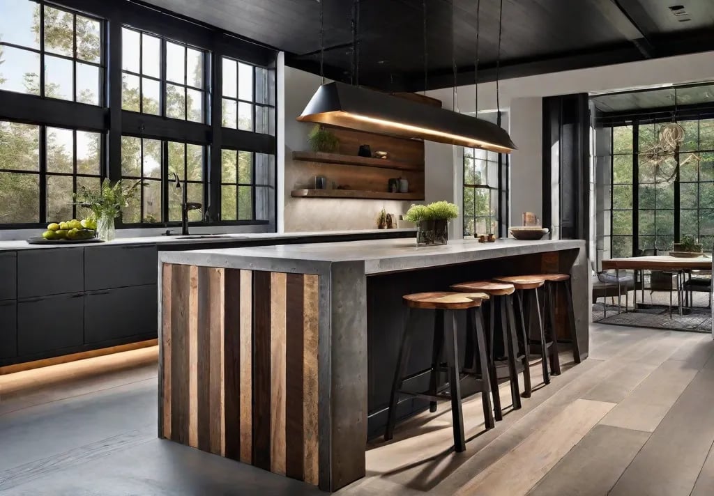 A mixed material kitchen island featuring a stunning combination of polished concrete