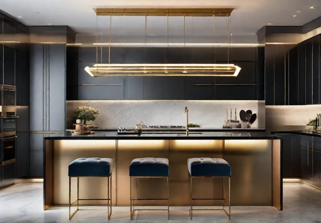 A modern kitchen island bathed in the focused linear glow of suspension