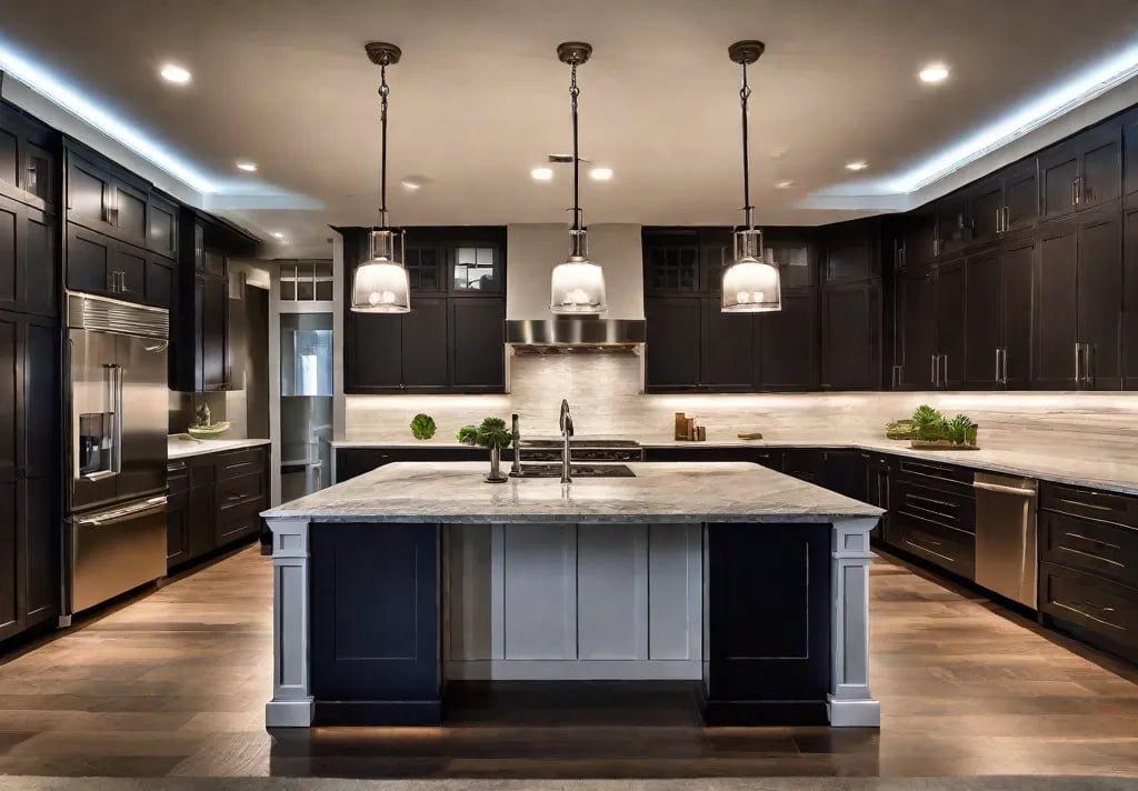 A modern kitchen showcasing a dramatic statement lighting fixture above the center island