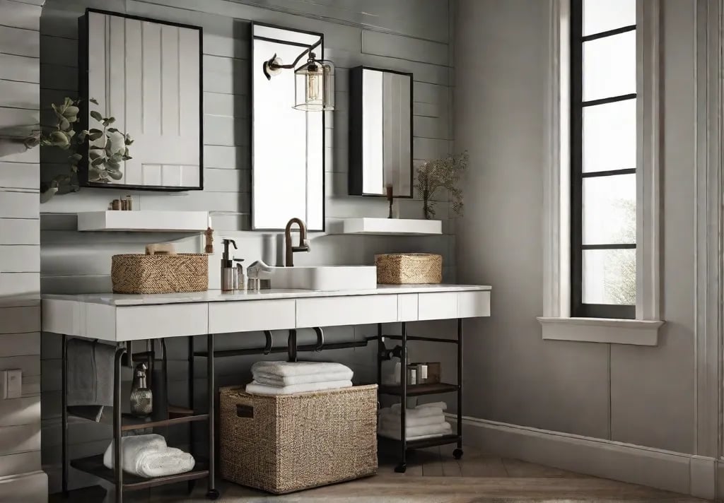 A narrow rolling storage cart tucked beside a bathroom sink