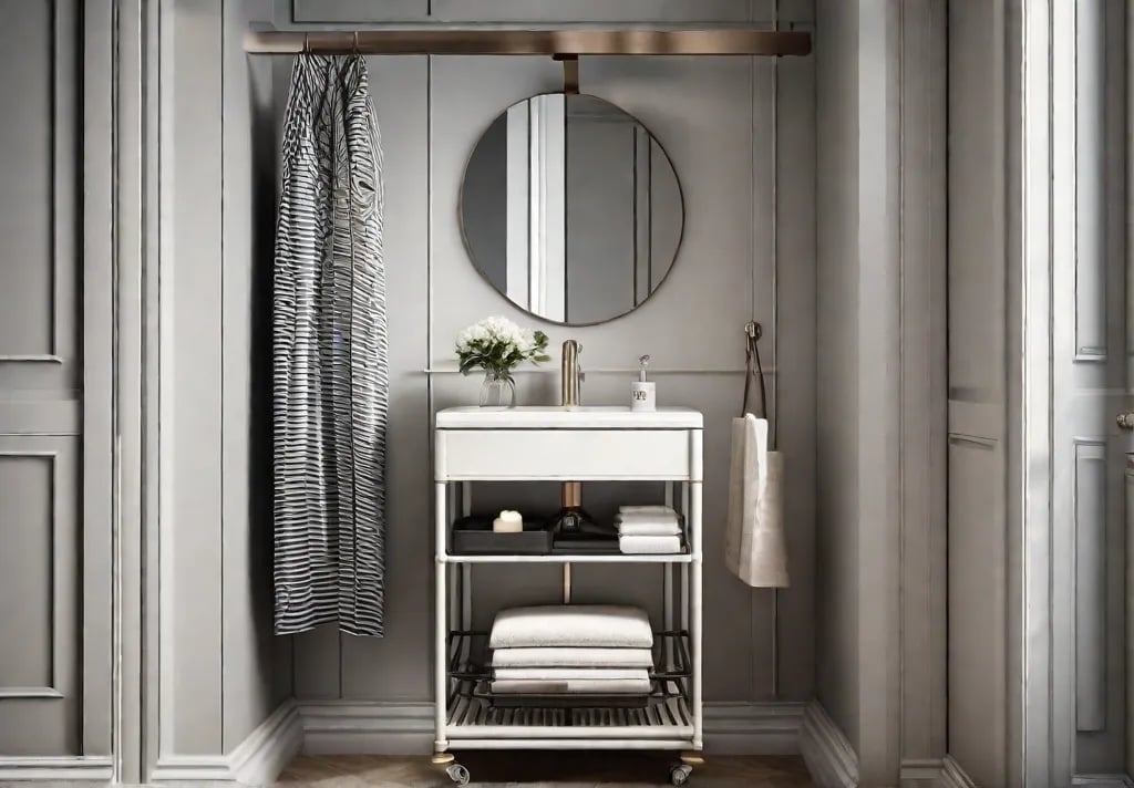 A narrow slim rolling cart nestled between the toilet and wall