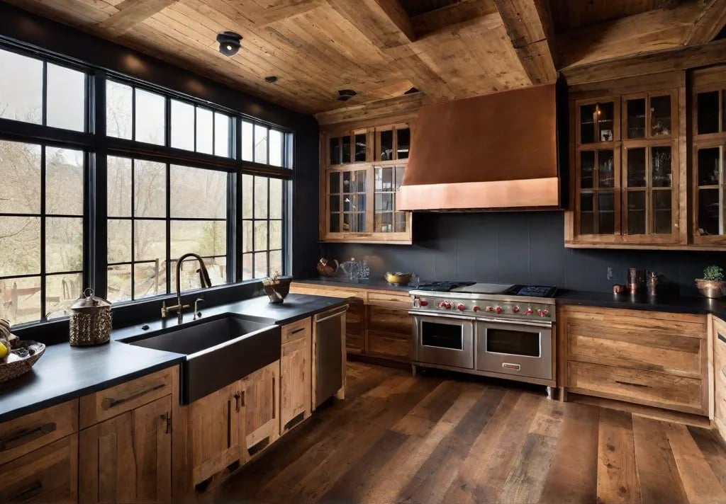A panoramic view of a rustic kitchen transformation before and after highlighting