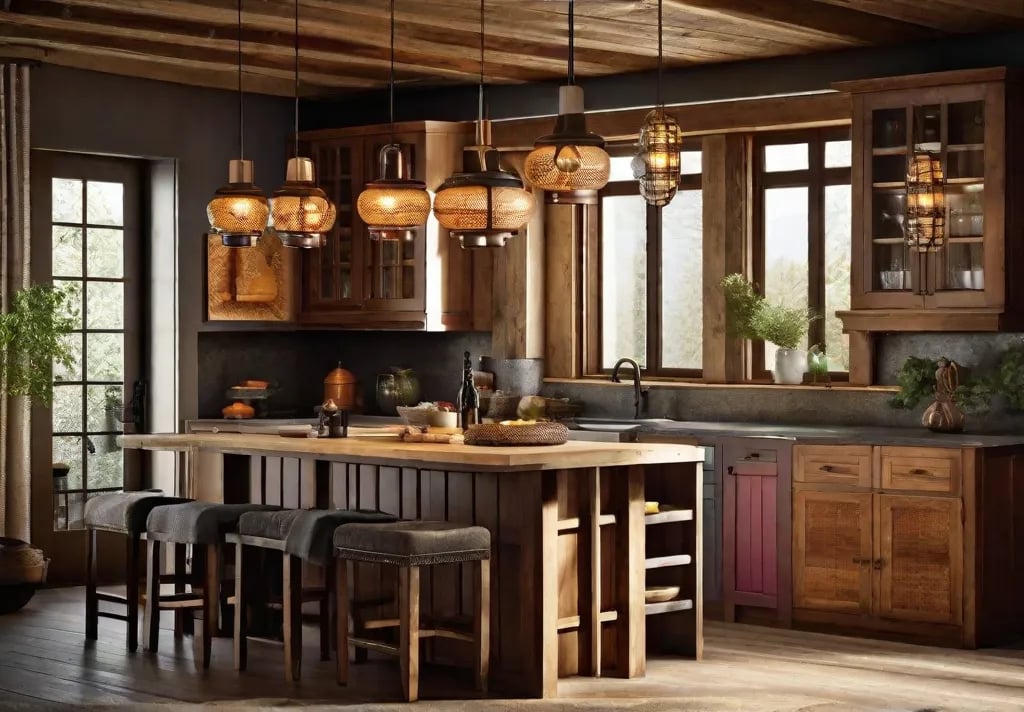 A rusticchic kitchen featuring vintage lanterns with colored glass panels hanging above