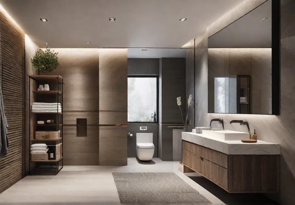 A serene minimalist bathroom showcasing floating shelves above the toilet
