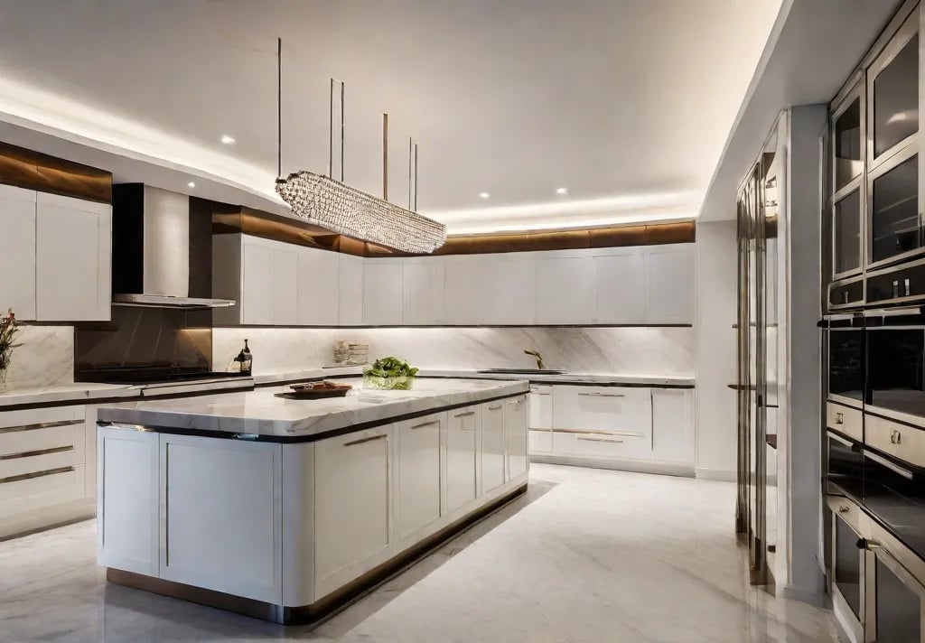 A sleek Art Deco kitchen illuminated by a geometric chrome chandelier that