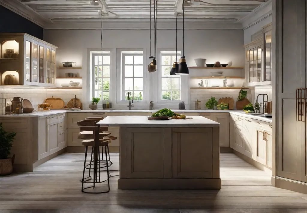 A smart kitchen scene where the lights automatically adjust brightness and color