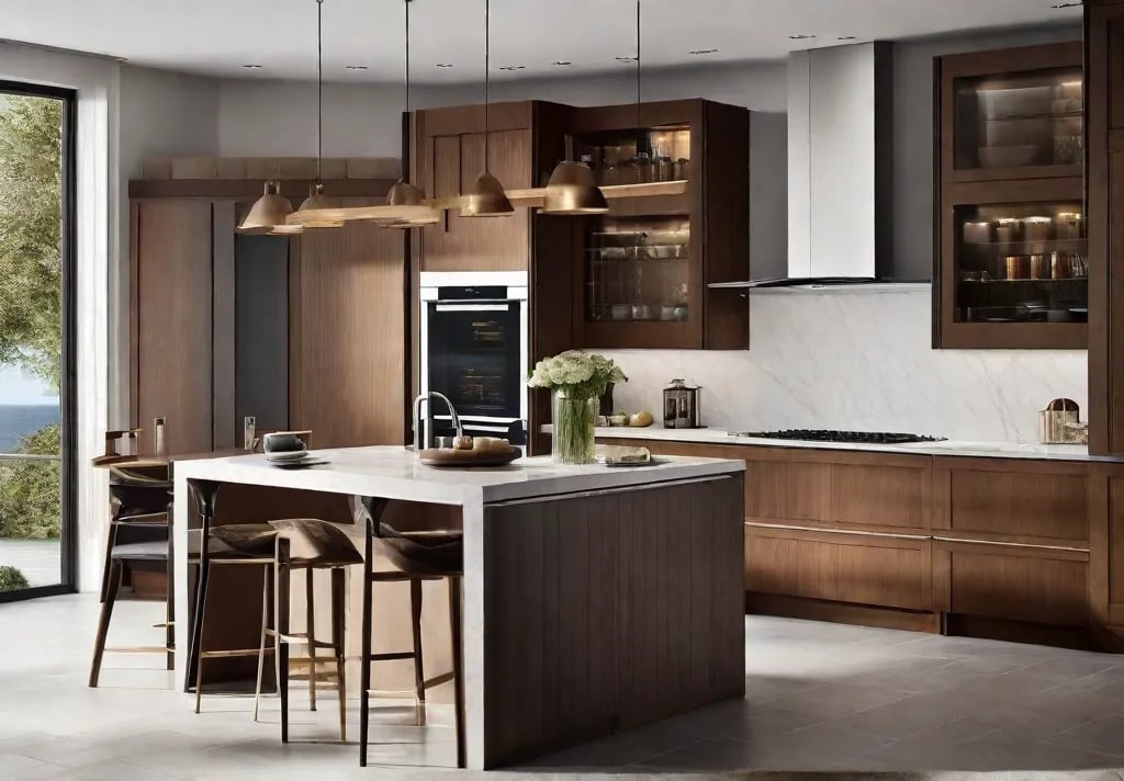 A spacious kitchen centering around a large island with a built in sink