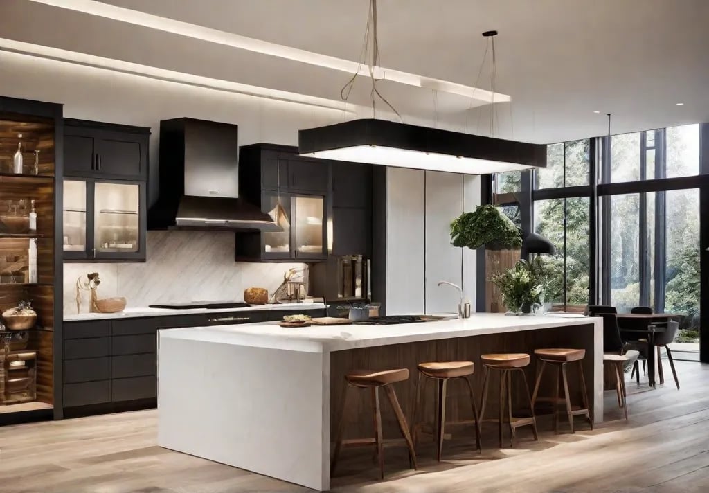 A spacious kitchen island serving multiple functions a cooking station with a built in stove on one side