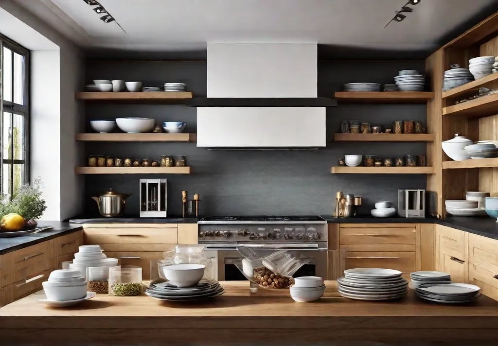 A spacious kitchen with open shelving displaying an assortment of fine china and glassware