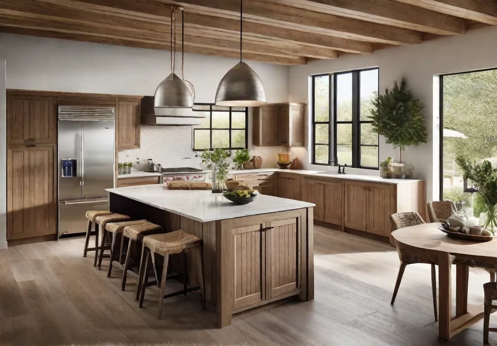 A stunning aerial view of a spacious rustic kitchen highlighting the cohesive