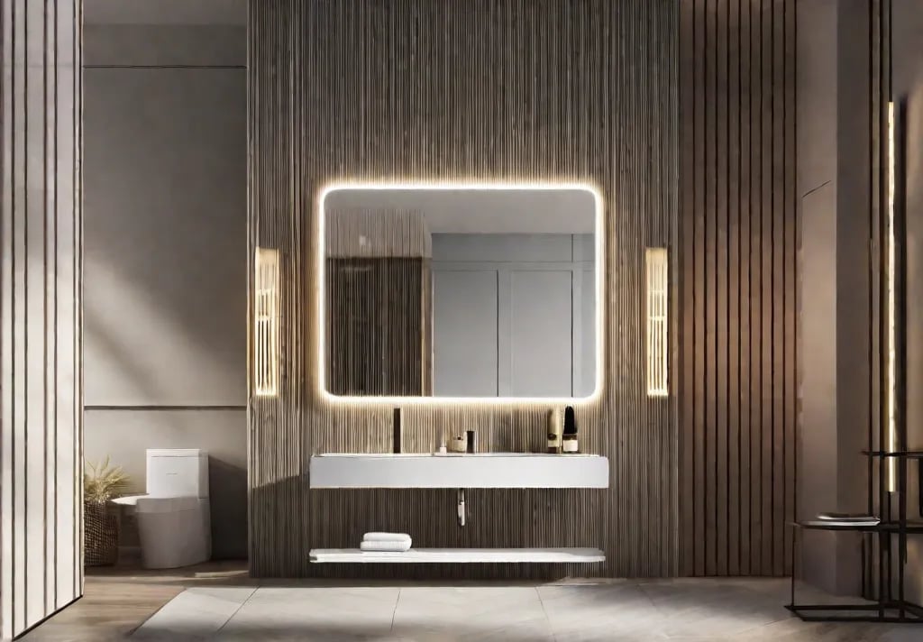 A stylish makeup mirror attached to the bathroom wall