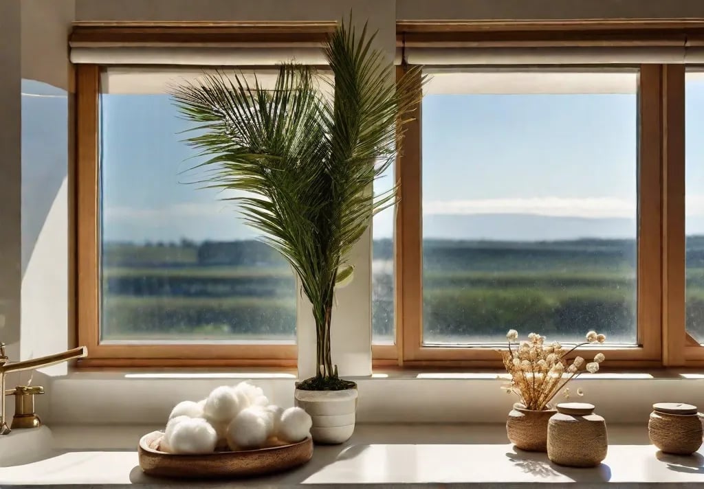 A sunny bathroom window ledge adorned with small potted plants