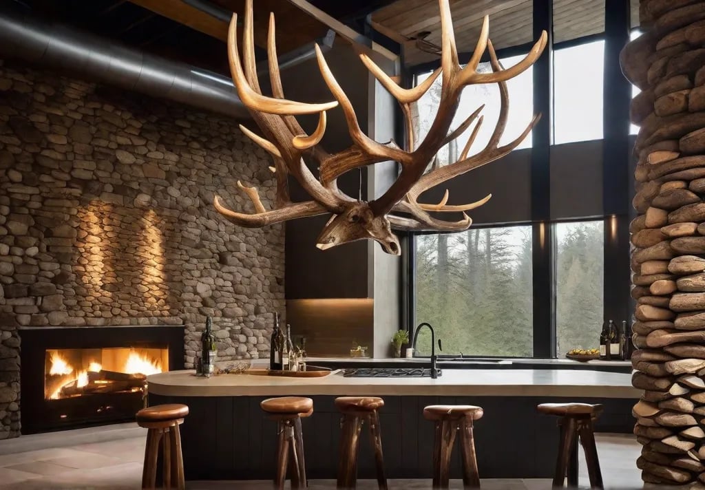 A unique light fixture made from intertwining antlers with small ambient bulbs