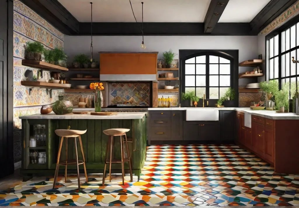 A vibrant farmhouse kitchen featuring a kitchen island made from mixed reclaimed materials