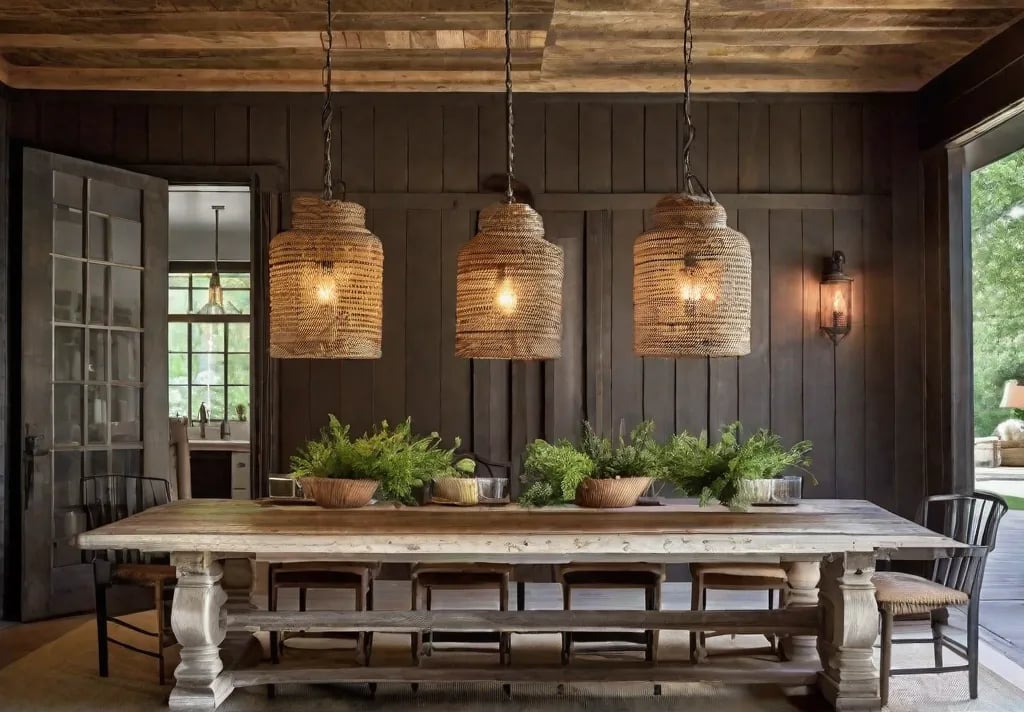 A weathered wooden door repurposed into a farmhouse dining table surrounded by