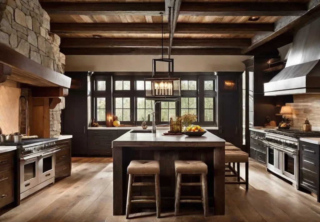 A welcoming rustic kitchen entry framed by a pair of vintage lanterns