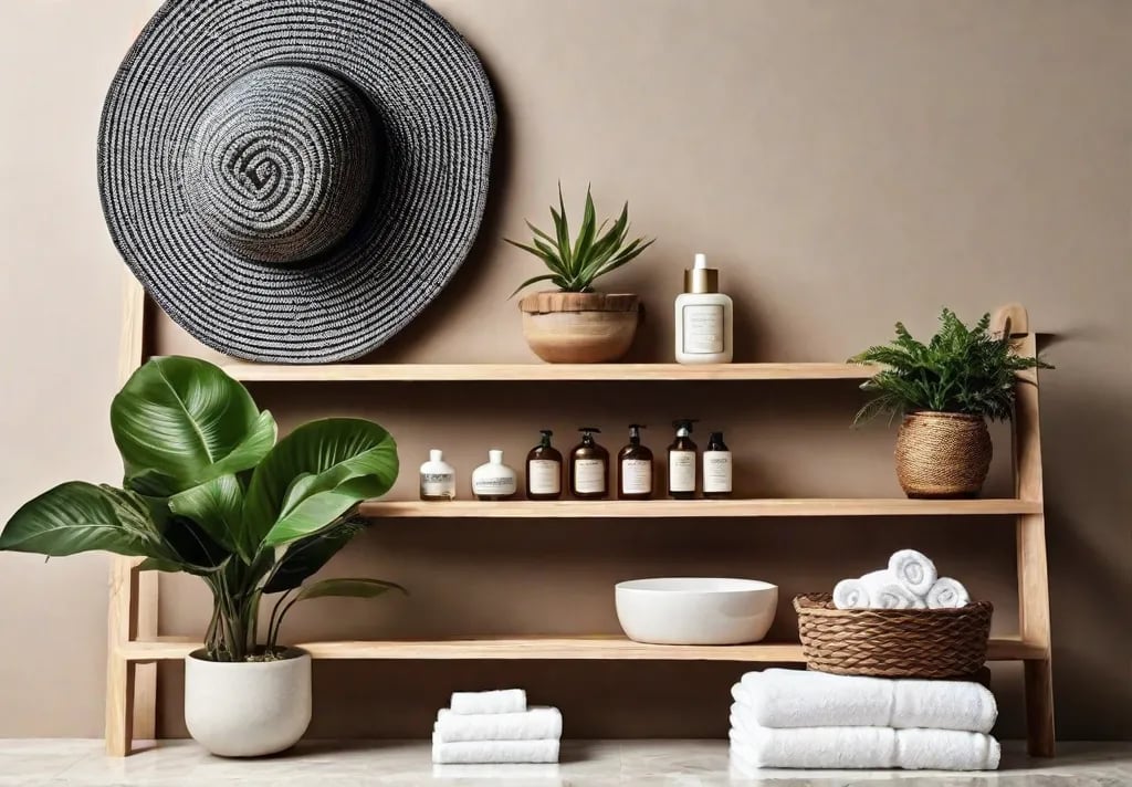 A wooden ladder shelf against a light colored wall in a bathroom setting