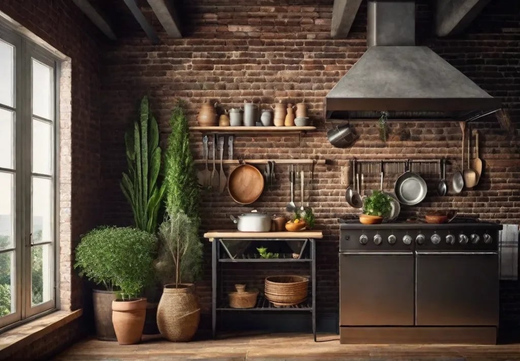 An accessorized rustic kitchen corner with a wroughtiron hanging utensil rack a