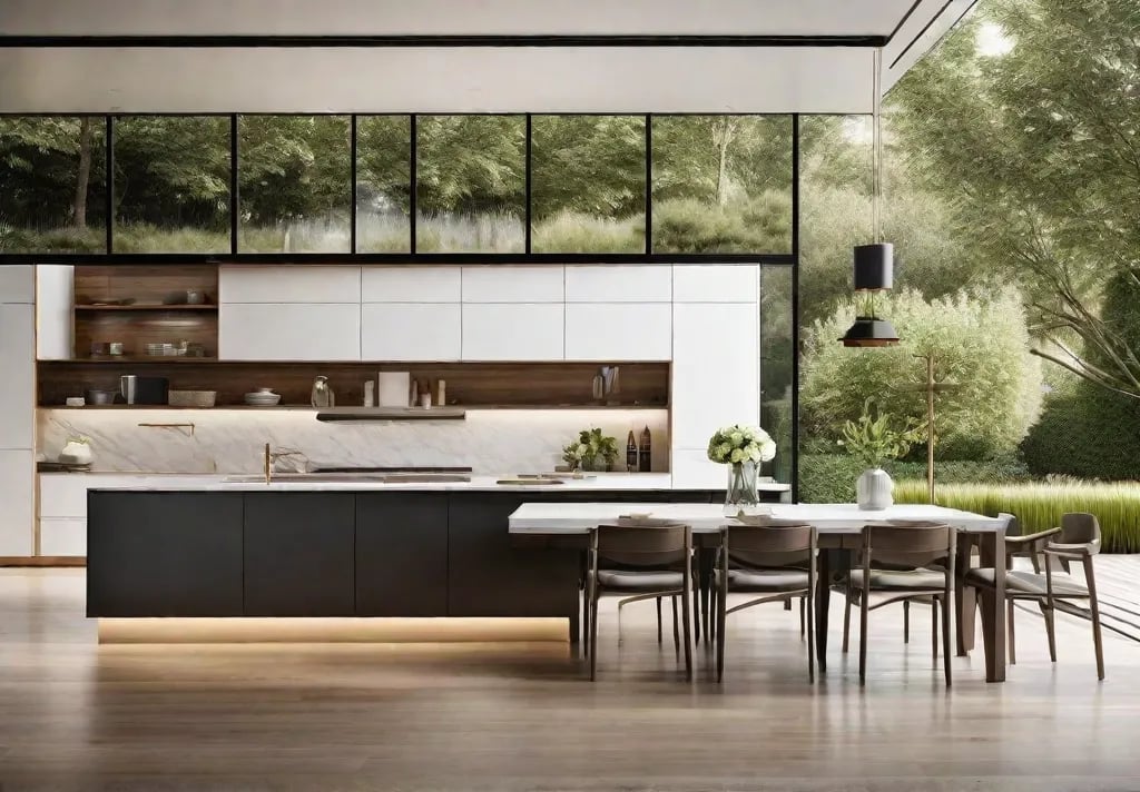 An airy and bright kitchen with large sliding glass doors that open to a lush garden patio