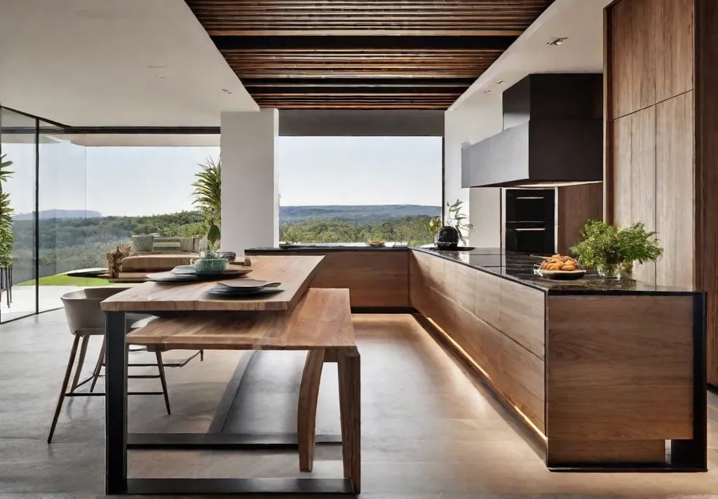 An airy kitchen featuring a multilevel island where polished granite meets rustic