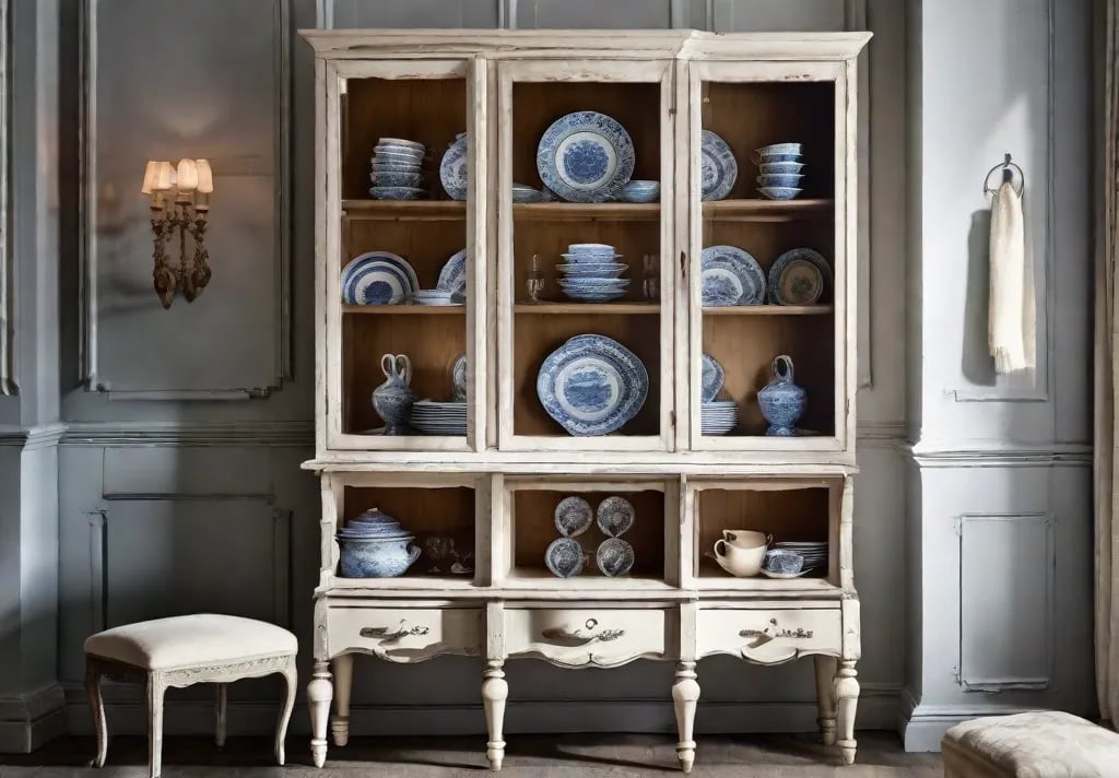 An antique hutch repainted in a distressed style filled with vintage china