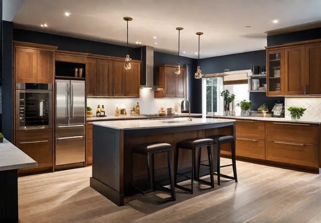 An atmospheric photo capturing the evening ambiance in a kitchen with a